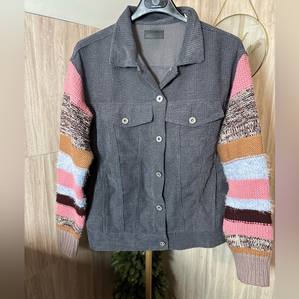 Umgee Charcoal Gray Corduroy Jacket Cardigan Multicolor Striped Knit Sleeves